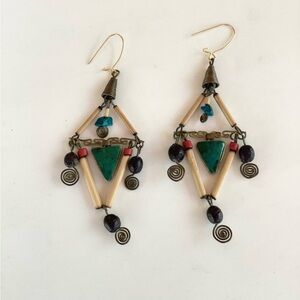 Earrings Dangle Pierced Vintage Mexican Aztec wire Wrap Stones Green Black